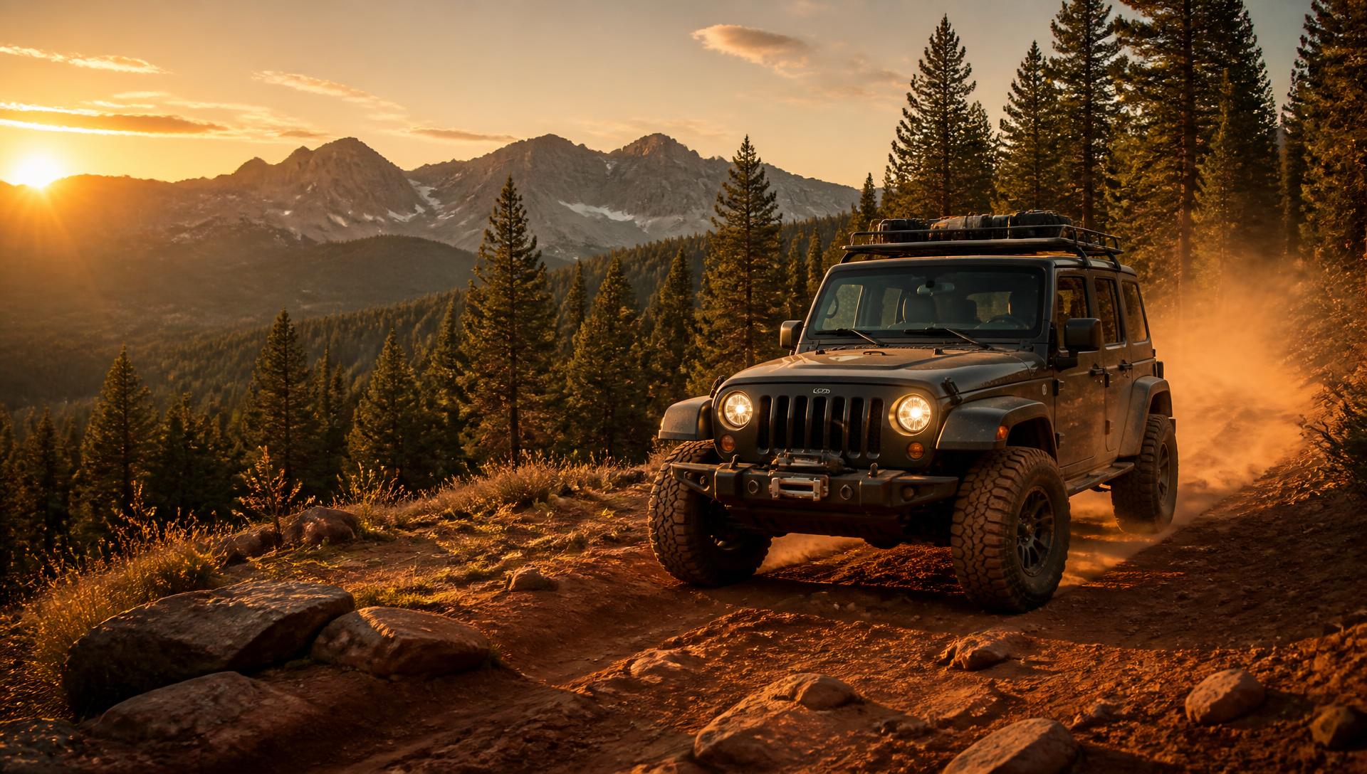 Jeep on a red dirt mountain trail at sunset